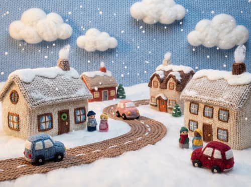 Handcrafted Winter Scene in Yarn and Wool