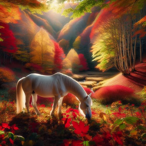 White Horse in Vibrant Fall Valley | Peaceful Grazing Scene