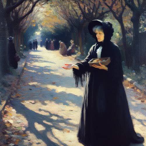 Impressionist-style Painting Depicting Heartfelt Scene of a Middle-Aged Widow Offering