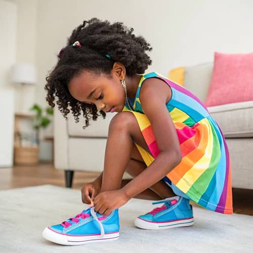 Adorable Girl in Rainbow Dress Tying Shoe Laces