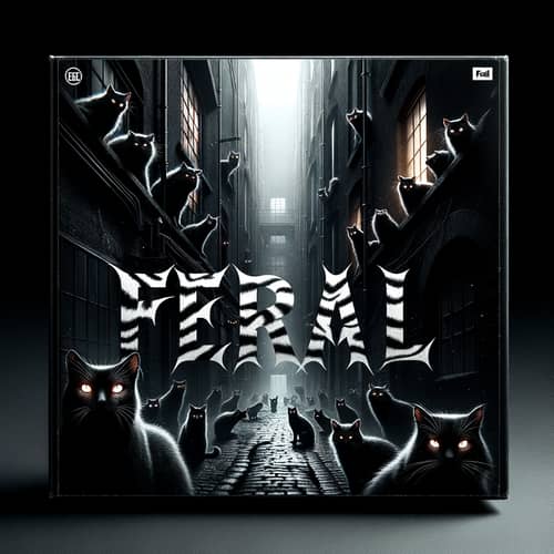 FERAL Album Cover: Dimly Lit Alleyway Teeming with Black Cats