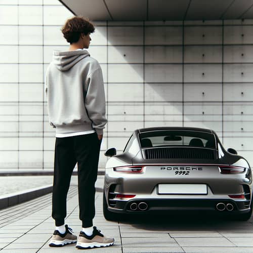 Porsche 911 992 Back View with Stylish Young Man