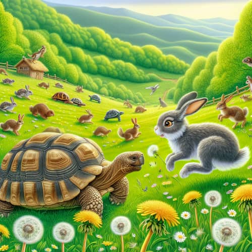 Playful Turtle and Rabbit Race in Meadow: Heartwarming Scene