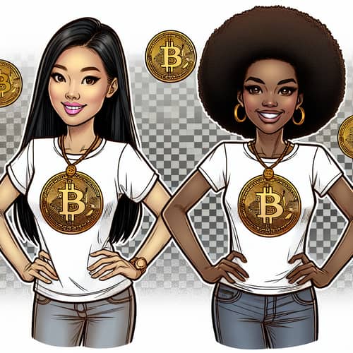 Cartoon Bitcoin Women | Asian & African Smiling with Cryptocurrency