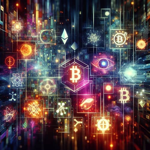Cryptocurrency Digital Collage: Futuristic Neon Lights & Vibrant Elements