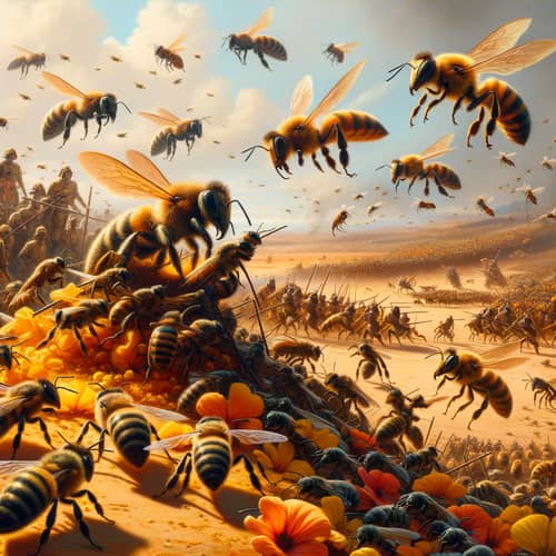 Intense Bee Battle Scene - Vibrant Flowers on Bee Battlefield