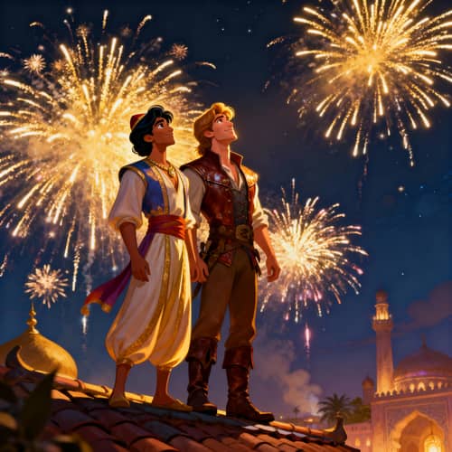 Aladdin and Flynn Rider on the Rooftop Fireworks Scene Aladdin and Flynn Rider on the Rooftop Fireworks Scene