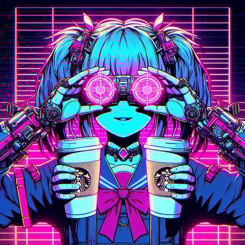 Playful Cyberpunk Anime Girl with Coffee Cups