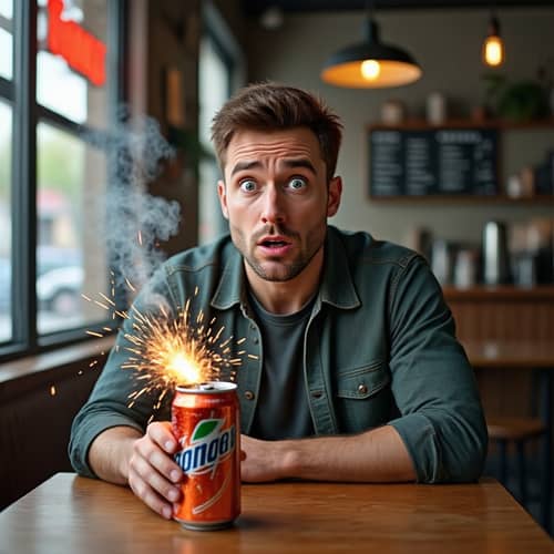 Surprising Energy Drink Moment in a Cozy Café