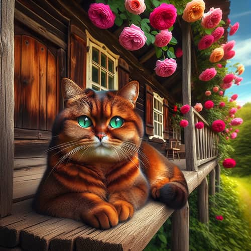 Sable-Colored Cat Lounging on Rustic Cottage Porch | Charm & Tranquility