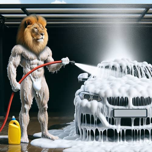 Humanoid Lion Washing Car | Creative Car Cleaning Scene