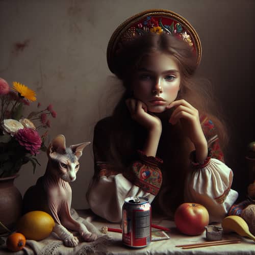 Traditional Russian Girl in Kokoshnik | Introspective Scene with Cat