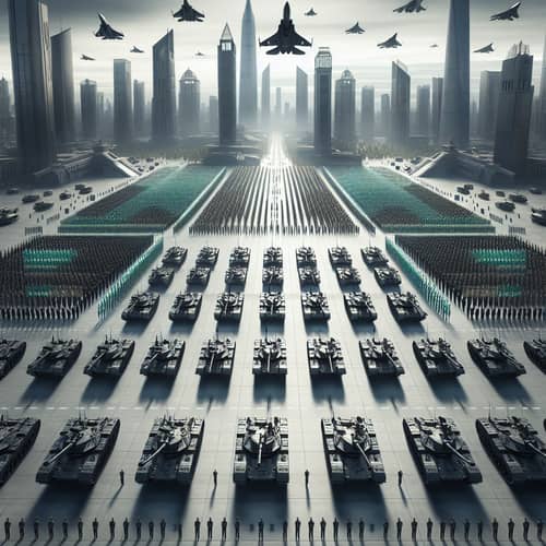 Futuristic Black Tanks Military Parade in City Square