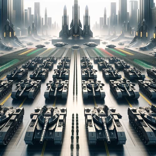 Futuristic Black Tanks Military Parade in City Square