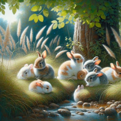 Tranquil Meadow: Frolicking Bunnies in Idyllic Landscape