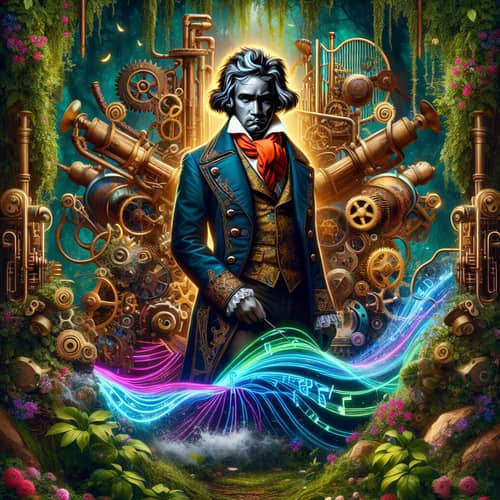 Steampunk Synthwave Fusion of Beethoven in Vibrant Garden