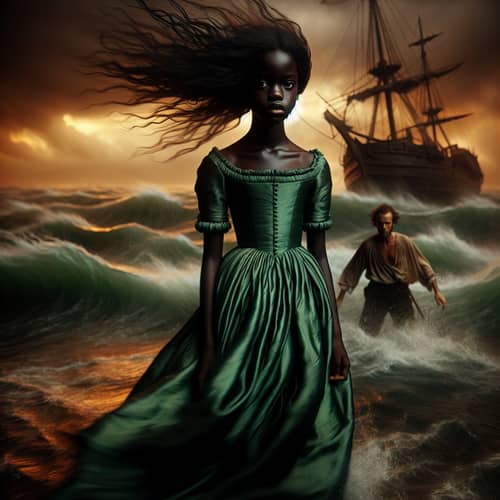 Elegant Black Adolescent Girl in Green Gown by the Ocean