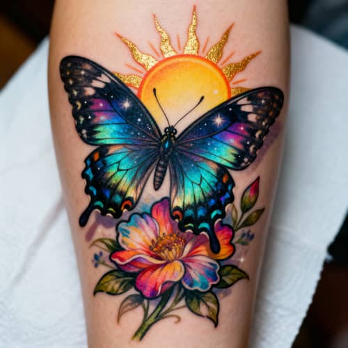 Realistic Color Tattoo: Butterfly, Sun & Flower