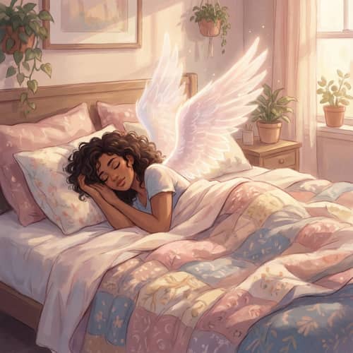Woman Growing Angel Wings Peacefully in Bed Woman Growing Angel Wings Peacefully in Bed