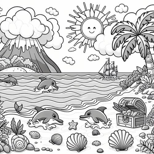 Island Coloring Page for Kids | Fun Seashells, Dolphins, Treasure Chest