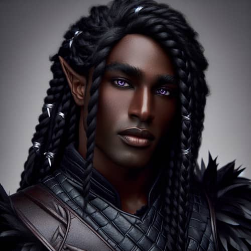 Male Half-Drow Character | Captivating Lilac Eyes & Black Hide Armor