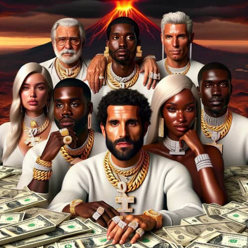 Hyperrealistic Image of Eight Individuals Adorned with Gold and Diamonds