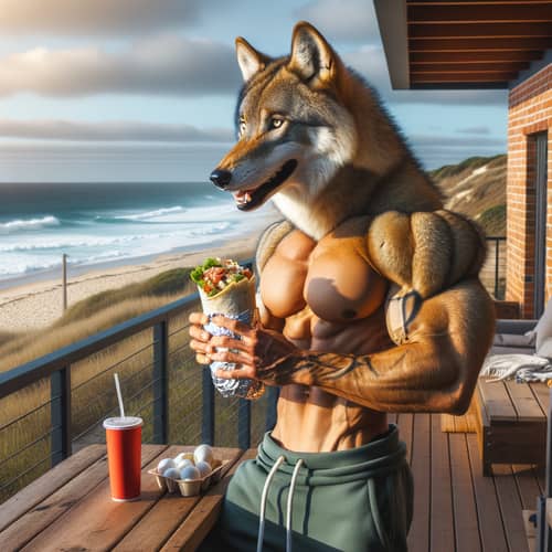 Fit Wolf Enjoying Burrito at Beach House