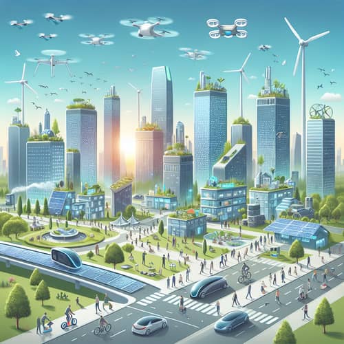 Futuristic City Concept with Solar Panels, Drones & Green Spaces