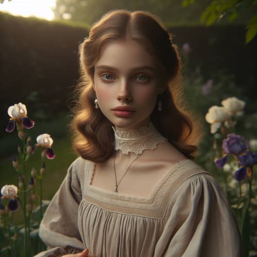 Caucasian Girl in Renaissance Attire | Tranquil Garden Setting