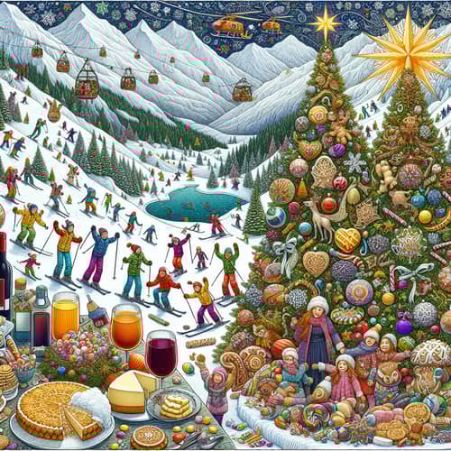Wintry Mountainscape Illustration with Skiers, Christmas Tree & Holiday Treats