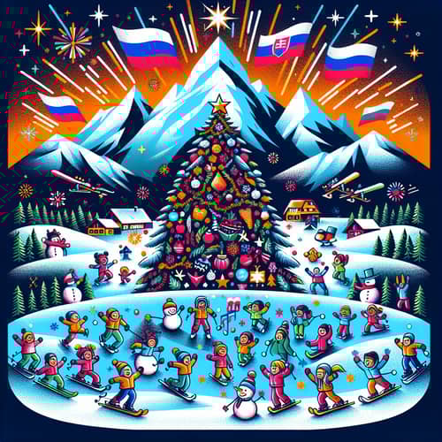Multicultural New Year T-Shirt Design with Snowy Mountain & Christmas Tree