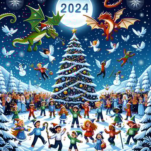 2024 New Year's Eve Party T-Shirt Design with Festive Cartoon Illustration