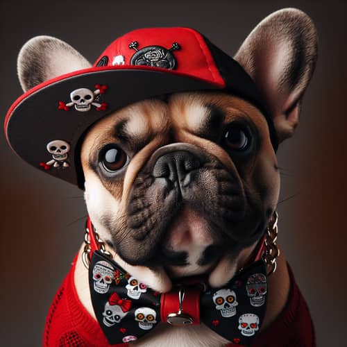 French Bulldog with Red Cap & Skull Collar
