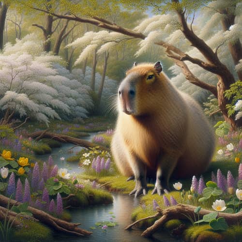 Renaissance Style Capybara Oil Painting in Lush Spring Meadow