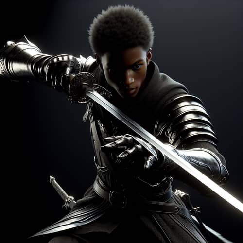 Young Black Warrior in Armor Attacks with Sword