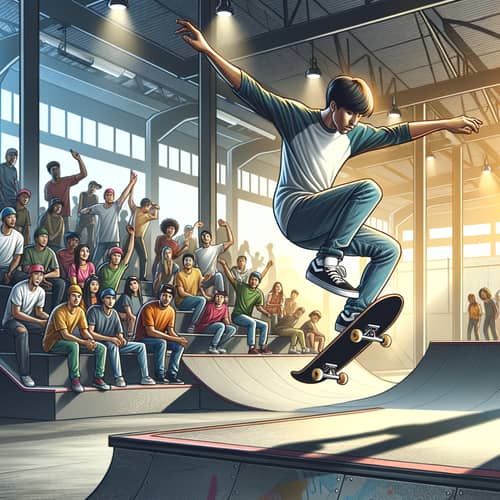 Hispanic Male Skateboarder Stunting at Vibrant Skate Park