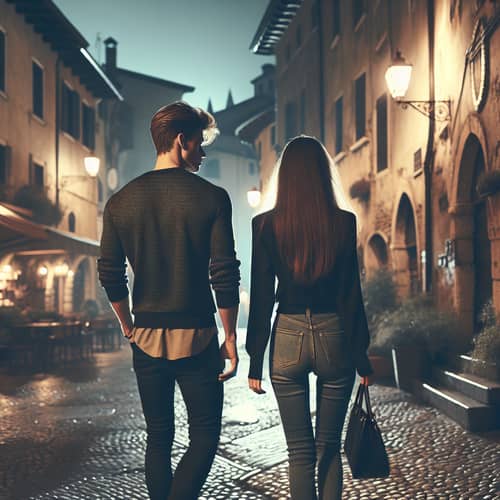 Modern Couple Night Stroll in Historic City | Enchanting Scene