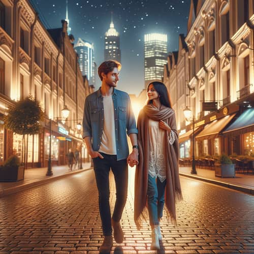 Young Couple Walking Hand in Hand on City Street at Night