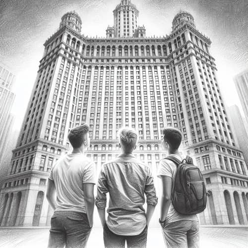 Detailed Graphite Pencil Sketch of Three Friends Admiring Architectural Beauty