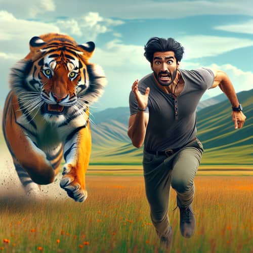 Middle-Eastern Man Running from Tiger in Wild Nature