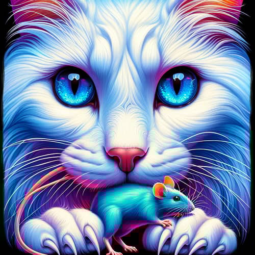 Majestic White Cat Digital Painting with Sapphire Eyes