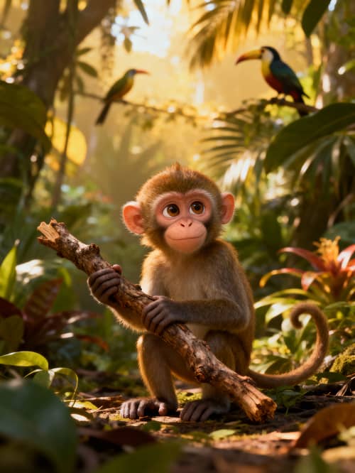 Curious Monkey in Lush Jungle | 3D Realistic Render