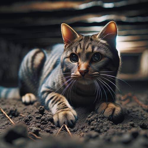 Sleek Striped Domestic Cat in Intense Hunting Pose