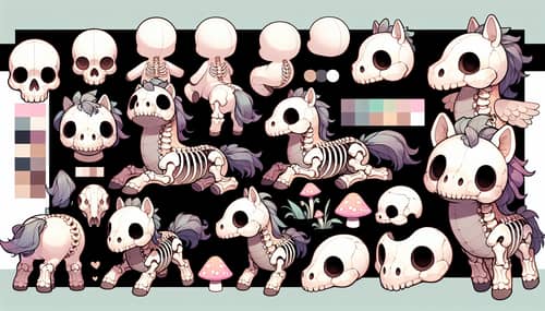 Chibi Undead Skeleton Plush Horse Reference Sheet in Soft Pastel Colors