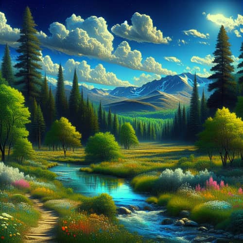 Tranquil Forest and Snow-Capped Peaks: Serene Landscape Vista