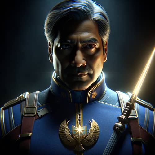 Fictional Hero in Royal Blue Uniform with Futuristic Spear