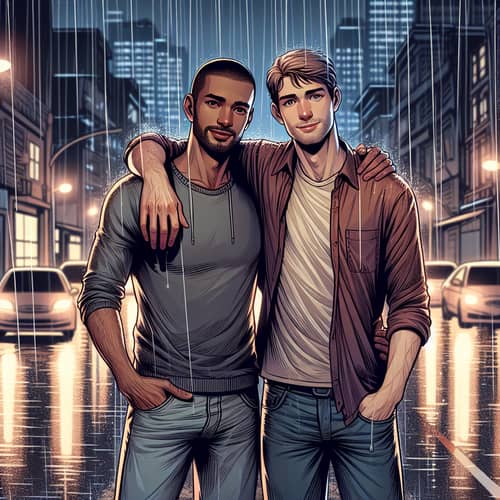 Urban Friendship Scene: Hispanic & Caucasian Friends in Rain