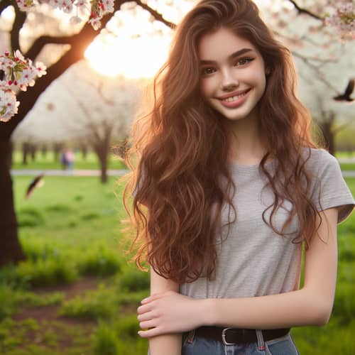 Beautiful 16-Year-Old Girl Smiling in Blossoming Cherry Tree Park
