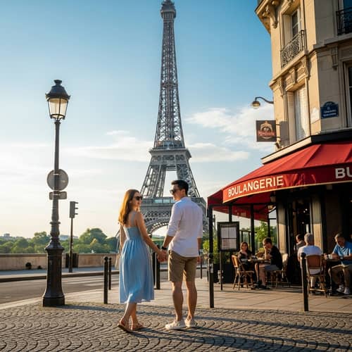 Couple Strolling by the Eiffel Tower in Paris