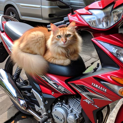 Tawny Fur Cat on Yamaha RX 135 Motorcycle | Serene Scene